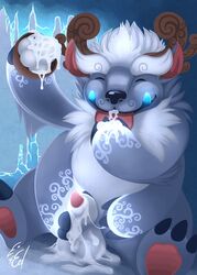 2018 4_arms balls claws cum digital_media_(artwork) fur glowing grey_fur horn league_of_legends licking male male_only mammal masturbation multi_arm multi_limb multicolored_fur mumble1224 penis riot_games simple_background snow solo tongue tongue_out video_games white_fur willump yeti