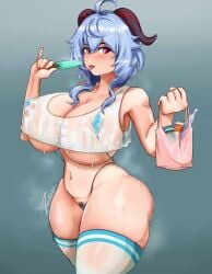 blue_hair ganyu_(genshin_impact) genshin_impact horns huge_breasts looking_at_viewer popsicle thebig-z thick_thighs