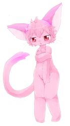 1girls anthro big_ears blush breasts covering_breasts feet feline female female_only furry half-closed_eyes kamawahi kemono nude open_mouth paws pink_fur pink_hair red_eyes run_turn short_hair small_breasts solo tail tail_tale thick_thighs whiskers wide_hips