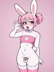 1boy ai_generated animal_ears bunny_ears chastity_cage chastity_device fellatio_gesture femboy flat_chastity_cage furry furry_male otoko_no_ko pink_background pink_hair rabbit_tail solo_male thighhighs tomgirl tube_top tubetop twintails white_fur