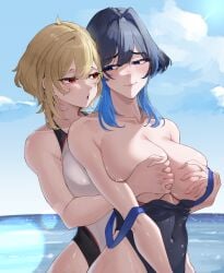 2girls absurdres black_hair black_one-piece_swimsuit blonde_hair blue_eyes blue_hair blue_sky blush breasts cleavage clothes_pull colored_inner_hair commentary double-parted_bangs eipanguino grabbing_another's_breast grabbing_from_behind groping hair_between_eyes hair_intakes highleg highleg_one-piece_swimsuit highres hololive hololive_english hololive_indonesia kaela_kovalskia large_breasts looking_at_another medium_hair multicolored_hair multiple_girls ocean official_alternate_hairstyle one-piece_swimsuit one-piece_swimsuit_pull ouro_kronii outdoors overalls red_eyes sidelocks sky swimsuit two-tone_hair upper_body virtual_youtuber white_overalls wolf_cut yuri