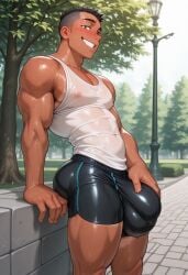 1boy ai_generated biceps big_bulge black_hair blush blush bulge bulge_grab bulge_through_clothing civitai dark-skinned_male dark_skin invitation inviting inviting_to_sex looking_at_viewer looking_pleasured male male_only muscular muscular_male original original_character original_characters public public_indecency shorts smile smiling smiling_at_viewer sweat sweatdrop sweating sweaty sweaty_body tank_top transparent_clothing