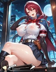 ai_generated big_breasts breasts erect_nipples female female_focus gloved_hands gloves huge_ass huge_breasts huge_nipples jacket large_ass large_breasts mitsuru_kirijo olgaaiart persona persona_3 persona_3_portable persona_3_reload red_eyes red_hair self_upload shirt shirt_lift shirt_up skirt smirk smirking thicc_thighs tits_bigger_than_head tits_out tsurime