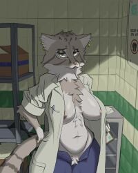 big_breasts bra_removed breasts dark_room earrings feline fur furry furry_female furry_only green_eyes hand_on_hip labcoat looking_at_viewer nipples small_room standing suggestive tail tits_out unzipped_pants