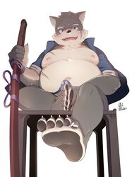 5_toes anthro bulge canine erection m_ikky male male_only mammal melee_weapon moritaka open_mouth pawpads scar simple_background sitting slightly_chubby solo sword toes tokyo_afterschool_summoners weapon