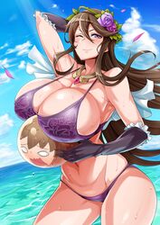 1girls ball big_breasts bikini breasts bursting_breasts cleavage elbow_gloves female gloves granblue_fantasy hair_ornament huge_breasts long_hair nakatomo rosetta_(granblue_fantasy) smile solo transformation wink