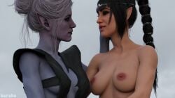 2girls 3d baldur's_gate_3 blue_skin blue_skinned_female clothed_female_nude_female elf elf_female minthara notsodamndeviant shadowheart upper_body yuri