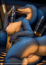 2018 ammunition anthro areola ass breasts bullet digital_media_(artwork) female forked_tongue gunmetal_(character) hi_res licking nipples non-mammal_breasts nude patreon pussy scales scalie slit_pupils solo tongue tongue_out vader-san