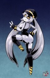 ass big_ass big_breasts breasts breasts commission commissions_open murder_drones oc peace_sign pin_up procyon't procyonsfw_star robot robot_girl robot_humanoid tongue tongue_out twintails white_body white_hair winking winking_at_viewer yellow_eyes yellow_nipples