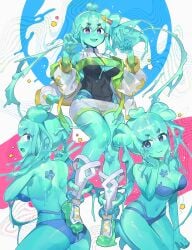 big_ass big_breasts blue_hair green_eyes green_hair huge_breasts huge_thighs humanoid jewelry navel purple_eyes sakoku slime smile star thighs