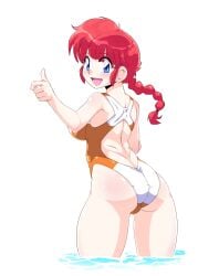 ass ass_focus back_view backboob bare_arms bare_legs bare_shoulders bare_thighs bichosan big_breasts blue_eyes blush body_blush braid breasts one-piece_swimsuit open_mouth ranma-chan ranma_1/2 red_hair shiny_skin shoulder_blades smile swimsuit thick_thighs thighs thumbs_up wading water