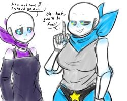 2girls 6agentgg9 black_panties breasts clothing confident dialogue dust_sans dusttale ectobody english_text large_breasts panties skeleton thick_thighs underswap underswap_sans undertale undertale_au wide_hips worried worried_expression