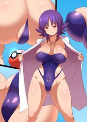 1girls 2018 alternate_breast_size anime_style ass big_breasts breasts cleavage close-up curvaceous female female_only huge_breasts human human_only konno_tohiro lab_coat labcoat leotard necklace nintendo one-piece_swimsuit pale-skinned_female pale_skin philena_ivy poke_ball pokemon pokemon_professor pokemon_rgby presenting purple_hair short_hair solo swimsuit thick_thighs wide_hips