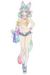 big_breasts cat_ears cat_humanoid cat_tail flower green_hair heart huge_breasts huge_thighs humanoid jewelry pink_eyes pink_hair ribbon sunglasses swimsuit thighs