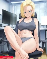 2025 ai_eyes ai_generated ai_text android18dx android_18 anicom61 athletic_female blonde_female blonde_hair blonde_hair_female blue_eyes chair computer computer_chair dragon_ball dragon_ball_super dragon_ball_z earrings gray_outfit hi_res meta sitting_on_chair sports_bra table underwear