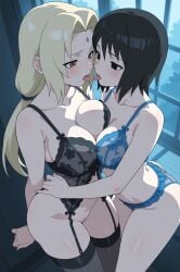 2girls ai_generated ass babydoll before_sex big_ass big_breasts black_eyes black_hair blonde_hair blush bra breasts breasts_out brown_eyes clothing docking embarrassed garter_belt garter_straps huge_breasts indoors kissing large_breasts lingerie looking_at_another looking_pleasured multiple_girls naruto naruto_(series) naruto_shippuden night panties pussy revealing_clothes shizune stockings teacher_and_student tongue_kiss tsunade uncensored voluptuous voluptuous_female waitercolor wide_hips window yuri