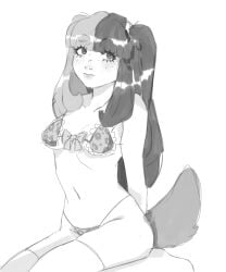 1girls animal_print animal_print_bikini bangs bikini black_and_white dog_ears dog_girl dog_tail eyelashes female_focus female_only freckles girl looking_at_viewer no_sex petite petite_body sfw small_body small_female small_thighs solo thighhighs twintails two_tone_hair