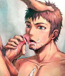 blue_eyes brown_hair cum cum_in_mouth cum_on_body fellatio gay licking_penis oral penis penis_grab penis_lick shu_(id=5274282) yaoi シュウ