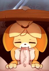 2018 animal_crossing animated anthro areolae balls big_penis breasts canine closed_eyes duo eto_ya fellatio female human humanoid_penis interspecies isabelle_(animal_crossing) male mammal medium_breasts nintendo nipples oral penis sex straight sucking thick_penis tied_hair under_the_table vein veiny_penis video_games yellow_fur