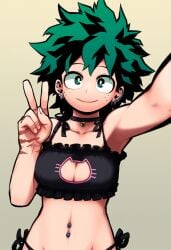 ai_generated bell_collar belly_button_piercing boku_no_hero_academia cat_lingerie choker ear_piercing female_deku genderswap_(mtf) izuku_midoriya midoriya_izuku my_hero_academia peace_sign rule_63