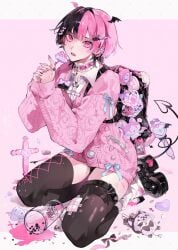 @_@ black_hair heart huge_thighs jewelry nails oc original_character pink pink_background pink_eyes pink_hair ribbon sweets thighs uniform