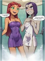 ai_generated cartoon_network cartoonlabsx cartoony dc_comics goth_girl green_eyes naked nude nude_female purple_eyes purple_hair rachel_roth raven_(dc) red_hair shower showering showering_together starfire starfire_(teen_titans) superhero superheroine teen_titans towel towel_only tv