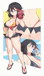 1girls aluminum_can ass big_breasts bikini black_hair blue_eyes busty drinking inkuusan kill_la_kill light-skinned_female light_skin matoi_ryuuko red_streak sandals senketsu small_waist swimsuit thick_thighs thighs