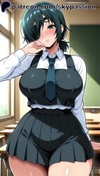 1female 1girls 1woman 2025 2d ai ai_assisted ai_generated anime anime_girl anime_style arstist_name black_hair black_skirt black_vest blush breast breasts chainsaw_man chalkboard classroom collared_shirt desk eyepatch female female female_focus female_only green_eyes hi_res high_quality high_resolution highres himeno_(chainsaw_man) indoors large_breasts long_sleeves looking_at_viewer necktie patreon patreon_logo patreon_username pleated_skirt school_uniform shirt short_hair short_ponytail skirt skypassion solo solo_focus stable_diffision thick_thighs thighs vest watermark white_shirt wide_hips window woman_focus woman_only