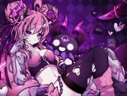 ahoge android big_breasts black_hair chains devil heart huge_breasts huge_thighs humanoid nails navel pink pink_eyes pink_hair purple_background purple_eyes robot_girl smile stuffed_toy thighs