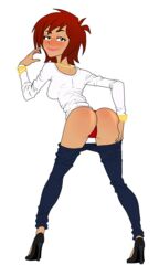 1girls blush dat_ass female hand_on_ass high_heels lipstick looking_at_viewer looking_back milf mother_up! panties pants_down red_hair rodjim rudi_wilson thong