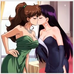 2girls ai_generated bishoujo_senshi_sailor_moon flirting kissing lesbian_couple lesbian_kiss lovers makoto_kino rei_hino sailor_jupiter sailor_mars seductive yuri