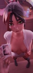 female fortnite helsie_(fortnite) imminent_sex looking_at_viewer looking_up nervous no_panties polaroid pulling_clothing shirt_pull thighhighs tm04