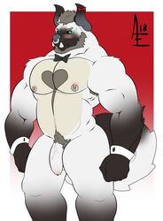 aereous aerrow anthro belly biceps bulge chippendales cute digital_media_(artwork) facial_hair facial_piercing fur hair hi_res horn hybrid male male_only muscular muscular_male nipple_piercing nipples nude pecs penis piercing simple_background slightly_chubby solo white_fur