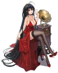 azur_lane big_breasts black_hair black_stockings breasts choker cleavage cleavage_cutout dress dress_lift game hair_ornament heel_boots heels long_hair official_art party red_dress red_eyes sakura_empire_(azur_lane) stockings suggestive suggestive_pose taihou_(azur_lane) taihou_(forbidden_feast)_(azur_lane) thick_thighs yandere