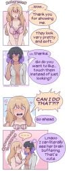 2girls adoration amused are_we_engaged? aroused awe black_hair blonde_hair blush blushing blushing_female boob_grab boobs braless breast_awe brown_eyes button_down_shirt cheeky_smile clara_(welcome_to_heaven) color_coded_speech_bubble comic consensual consent cute dark-skinned_female dialog drool drool_string drooling ear_piercing english_text excited feeling_chest female female/female female_only girls_only grabbing_another's_breast grabbing_breasts hand_on_chest heart hearts hearts_around_head interracial interracial_yuri lela_(welcome_to_heaven) lesbian lesbian_couple lgbt light-skinned_female lingerie looking_at_breasts looking_away multiple_girls partially_clothed pink_bra pink_nails propositioning purple_eyes purple_hair purple_highlights purple_nails romantic_ambiance romantic_couple shocked shocked_expression shy simple_background smirk smirking sparkles staring_at_breasts surprised thought_bubble touching_breast trans_(lore) trans_woman trans_woman_(lore) transfem transgender_woman two_tone_hair unbuttoned_shirt underwear_only welcome_to_heaven wholesome yuri