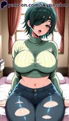 1female 1girls 1woman 2025 2d ai ai_assisted ai_generated anime anime_girl anime_style arstist_name bed black_hair blush breast breasts chainsaw_man crop_top curtains denim earrings eyepatch female female_focus female_only green_eyes green_hair green_sweater hi_res high_quality high_resolution highres himeno_(chainsaw_man) indoors jeans jewelry large_breasts long_sleeves looking_at_viewer midriff navel on_bed open_mouth pants patreon patreon_logo patreon_username pillow ribbed_sweater saliva short_hair sitting skypassion solo stable_diffision sweater thighs tongue tongue_out torn_clothes torn_jeans torn_pants turtleneck turtleneck_sweater watermark window woman_focus woman_only