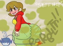 5-volt brappycatty brown_eyes enjoying_farting fart fart_cloud fart_fetish green_pants mario_(series) nintendo pleasure_face sunniefunnie super_mario_bros. thick_ass tongue tongue_out warioware