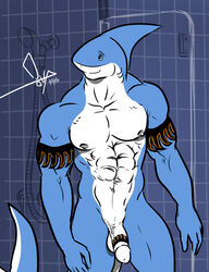 2013 abs anthro bathroom bgn biceps black_eyes circumcised fish flaccid great_white_shark humanoid_penis male male_only marine muscular muscular_male navel nipples nude penis rex_(bgn) shark shower smile solo standing tattoo white_penis white_skin