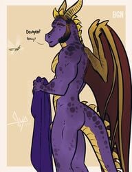 anthro arthropod beard bgn biceps brown_hair dialogue dragon dragonfly english_text facial_hair flaccid flying hair holding_towel insects male male_only muscular muscular_male pecs penis purple_skin sideburns simple_background solo sparx spines spots spyro spyro_the_dragon standing text towel video_games wings yellow_skin