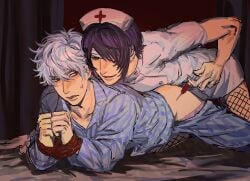 2boys 960ye alternate_costume bandaged_head bandages bound bound_wrists crossdressing eye_patch fishnets gay gintama gintoki_sakata hair_over_one_eye looking_back male male_only nervous nurse nurse_cap nurse_uniform pajamas pants_down purple_hair red_eyes restrained smile sweatdrop syringe takasugi_shinsuke white_hair yaoi