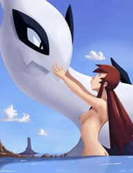 1girls ambiguous_gender ass avian black_eyes blue_eyes blue_skin blue_sky breasts brown_hair enessef-uu eye_contact female fleura_(pokemon) human legendary_pokemon long_hair long_neck lugia melody_(pokemon) nintendo nipples nude pokemon pokemon_(species) size_difference water white_skin