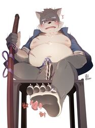 5_toes anthro blush bulge canine erection foot_fetish foot_lick licking m_ikky male male_only mammal melee_weapon moritaka open_mouth pawpads precum scar shaking shivering simple_background sitting slightly_chubby solo sword toes tokyo_afterschool_summoners tongue tongue_out weapon