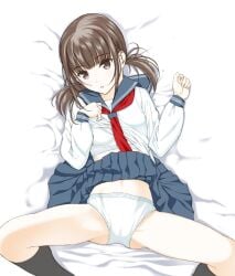 bed_sheet black_socks blue_sailor_collar blue_skirt bra brown_eyes brown_hair clothes_lift commentary female from_above head_tilt highres lifting_own_clothes long_sleeves looking_at_viewer low_twintails lying medium_hair moonsorrow navel neckerchief on_back on_bed original outstretched_arms panties parted_lips pleated_skirt red_neckerchief sailor_collar school_uniform serafuku shirt shirt_lift skirt skirt_lift socks solo spread_arms twintails underwear white_bra white_panties white_shirt young