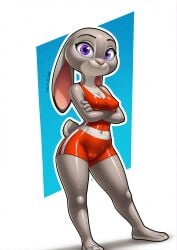 ai_generated arms_crossed breasts bunny_girl female furry halfaslime judy_hopps looking_at_viewer nipple_bulge red_bottomwear red_topwear smile solo standing violet_eyes zootopia