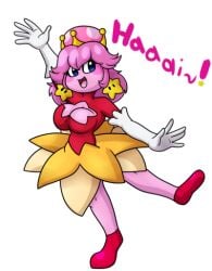 breasts crown earrings kirby kirby_(series) princess red_shoes smiling star_earrings stars super_crown text waving waving_at_viewer yoshimister