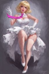 1girls ai ai_generated blonde_hair blue_eyes cipher_pol_(one_piece) clone cp0 dress female female_focus female_only fishnet_legwear fishnet_stockings fishnets gloves grey_background hand_on_hip high_heels looking_at_viewer necktie one_piece painterly panties pink_necktie quinzo11 self_upload short_hair shounen_jump stussy_(one_piece) toei_animation white_dress white_fishnet_stockings white_fishnets white_gloves white_high_heels white_panties
