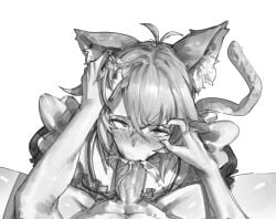 bishonen cat_ears cat_tail crossdressing cum cum_in_mouth fellatio femboy femboy_on_male hair_grab hands_on_another's_head looking_at_viewer maid_outfit monochrome paco_the_catboy vacuum_fellatio yaoi