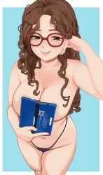 3ds artist_self-insert black_panties book_covering_breasts breasts brown_hair cleavage el_(e11e) glasses hand_in_hair handheld_game_console holding_object large_breasts long_hair meme meme_reference naked_glasses nintendo nintendo_3ds novelty_censor original ouch_meme panties panties_only pun real_person red-framed_eyewear topless x_e11e