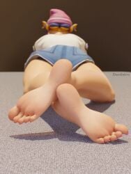 3d antifragile_kira-kira ass barefoot blizzard_entertainment blue_hair crossed_legs dardstro denim_shorts feet foot_fetish foot_focus kiriko_(overwatch) le_sserafim lying_on_stomach orange_hair overwatch overwatch_2 pink_headwear pink_nails sole_female soles