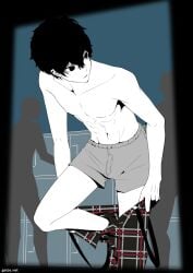 1boy 2d 2d_(artwork) 2d_artwork artist_name artist_website atlus belt black_hair exposed gelze indecent_exposure joker_(persona) locker locker_room lockers looking_around looking_away looking_away_from_viewer male male_focus megami_tensei muscular muscular_male muscular_twink persona persona_5 pretty_boy public public_exposure public_indecency removing_clothing removing_pants ren_amamiya sega skinny solo taking_clothes_off taking_pants_off underwear underwear_only undressing uniform young